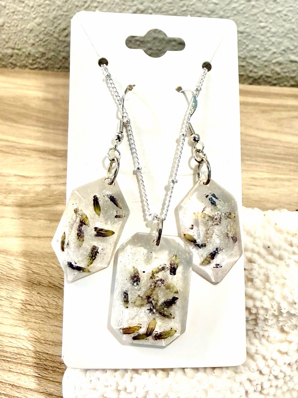 89. Dried lavender Resin Necklace & Earring Set with beach sand